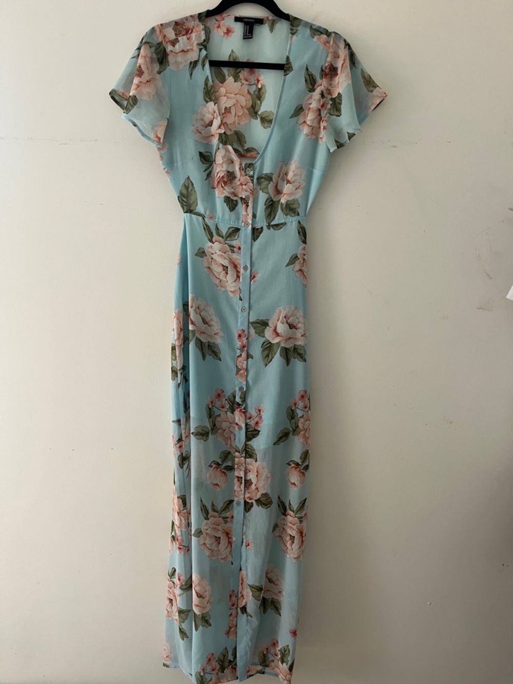 Vintage Y2K Forever 21 Light Blue Floral Button-Front Maxi Dress size medium